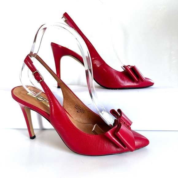 HALOGEN LILA RED LEATHER STUDDED BOW POINTED-TOE SLINGBACK HEELS PUMPS Sz7 - Picture 3 of 13